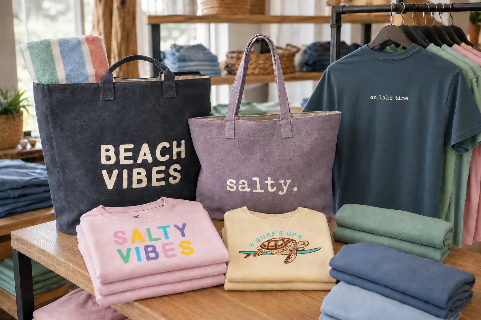 Coordinated Great Coast display with graphic tees, folded apparel, and resort totes